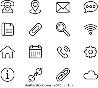 Clean and Minimalist Icon Set for User Interface Design Depicting Common Functionalities and Actions on a White Background