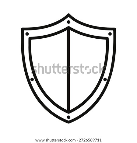 A clean, minimalist icon of a shield rendered in black and white. The shield has a classic shape, pointed at the top and rounded at the bottom. It features a double outline for emphasis, with small dots marking key points along the outer edge. A vertical line divides the shield's interior into two symmetrical halves. The overall design is simple, abstract, and symbolic of protection, security, or defense.
