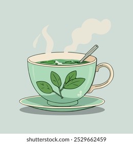 A clean, minimalist icon of a steaming herbal tea cup with mint leaves. Designed for infographics, this simple illustration features a plain background for versatile use.