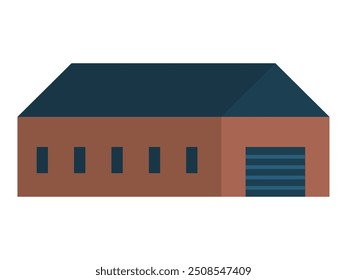 Una ilustración limpia y minimalista de un almacén marrón con un techo azul oscuro. El diseño es simple y moderno, centrándose en Formas geométricas y colores apagados, ideales para contenido de temática industrial.