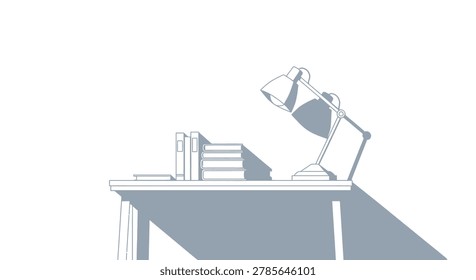 Clean, minimalist illustration of a desk with a lamp and stack of books, casting a long shadow. Represents study, work, or creativity.