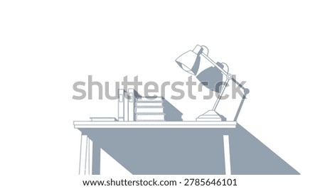 Clean, minimalist illustration of a desk with a lamp and stack of books, casting a long shadow. Represents study, work, or creativity.