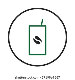 A clean minimalist illustration features a rectangular coffee container with a coffee bean symbol, suggesting a modern and streamlined beverage choice. Encased within a circular frame, it serves as