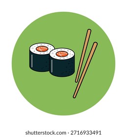 Uma ilustração limpa e minimalista apresenta dois rolos de sushi de salmão e um par de pauzinhos de madeira em um fundo circular verde vibrante. Perfeito para projetos de menu, conceitos de comida saudável, ou promoção de cozinha asiática.