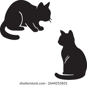 A clean, minimalist illustration featuring the black silhouettes of two cats in separate poses. Set against a simple background, the artwork captures the grace and curiosity of feline forms.