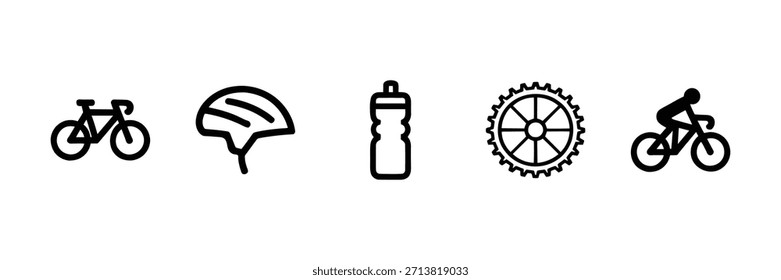 Uma ilustração limpa e minimalista com cinco ícones: uma bicicleta, capacete, garrafa de água, engrenagem e uma silhueta para ciclistas.