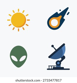 A clean, minimalist illustration featuring four space-themed icons: a bright sun, a flying comet, an alien head, and a satellite dish, representing astronomy, extraterrestrial life, and space communication.