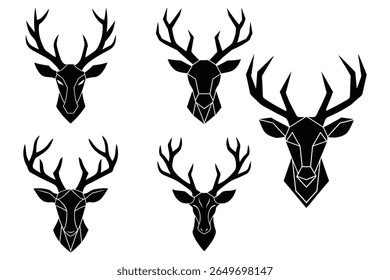 A clean, minimalist illustration featuring the silhouette of a deer's head with elegant antlers. This graphic is presented on a white background, ideal for various design applications.