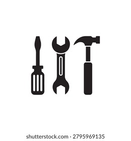 A clean, minimalist illustration featuring three black hand tools: a hammer, a crescent wrench, and a multi-tip screwdriver, arranged side by side against a plain white background. The tools are depic.