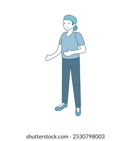 A clean, minimalist illustration of a female healthcare worker in scrubs, gesturing with one hand while standing.