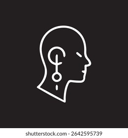 Uma ilustração limpa e minimalista de uma silhueta de cabeça com um design de piercing delicado em um fundo preto. Moderna e elegante estética.