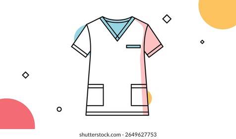 Clean and minimalist illustration of a medical scrub top with pockets and a neckline suitable for healthcare professionals and medical settings
