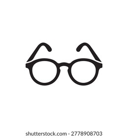 A clean, minimalist illustration of a pair of round-framed eyeglasses with curved temple arms, rendered in solid black against a plain white background. The design is simple and bold, emphasizing the .