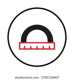 Uma ilustração limpa e minimalista de um protrator dentro de um quadro circular, perfeito para recursos educacionais ou projetos de design técnico. As linhas nítidas e as cores contrastantes criam uma