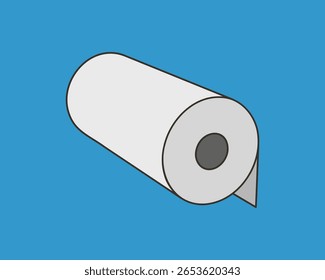 Ilustração limpa e minimalista de um rolo de papel contra um fundo azul vibrante.  Perfeito para conceitos relacionados à higiene, limpeza, simplicidade ou engenhosidade.