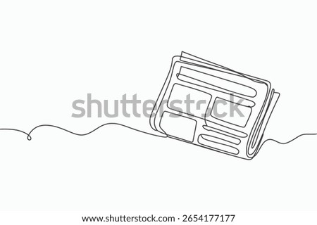 A clean, minimalist illustration in a single continuous line style depicts a folded newspaper. The artwork features abstract representations of headlines 