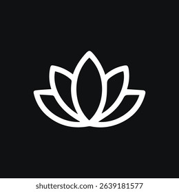 A clean, minimalist illustration of a white lotus flower on a black background Ideal for themes of wellness, spirituality, and design