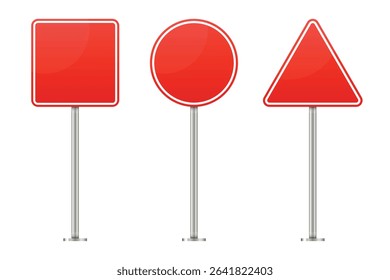 A clean, minimalist image showcasing three red signs of different shapes: a square, a circle, and a triangle, each mounted on a metal post against a white backdrop.