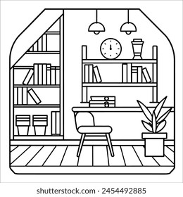 Interior limpio y minimalista, ilustración de arte de línea de Vector blanco y negro para colorear página