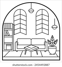 Clean and minimalist interior, black and white vector line art illustration coloring page