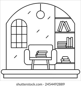 Clean and minimalist interior, black and white vector line art illustration coloring page