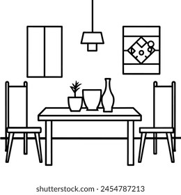 Clean and minimalist interior, Dining Room, black and white vector line art illustration coloring page