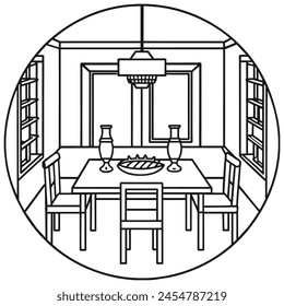 Clean and minimalist interior, Dining Room, black and white vector line art illustration coloring page