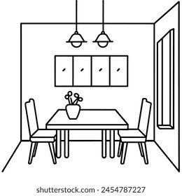 Interior limpio y minimalista, comedor, línea de Vector blanco y negro ilustración para colorear página