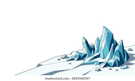 A clean, minimalist isometric vector of pristine arctic tundra with jagged blue ice formations and ample copy space.