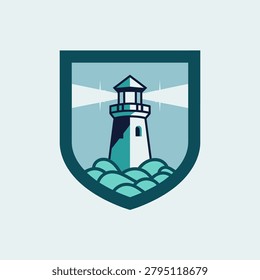 Clean minimalist lighthouse logo inside a shield frame. This professional nautical design is ideal for maritime businesses, security firms, or coastal tourism branding.