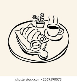 A clean minimalist line art depicting a croissant and coffee, evoking a warm and cozy morning vibe.