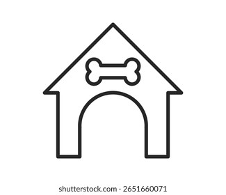 Clean, minimalist line art of a doghouse with a bone above the entrance. Symbolizes shelter, safety, pets, and domestic animals. Ideal for veterinary or petrelated designs.