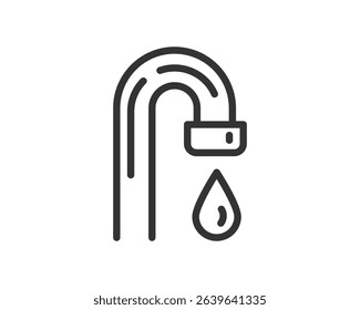 Clean minimalist line art icon of a dripping faucet. Symbolizes resources, conservation, plumbing, and utilities. Useful for app design, infographics, and presentations.