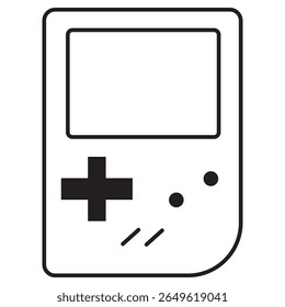 A clean, minimalist line art icon of a classic handheld video game console. The design features a rectangular screen at the top, a large D-pad on the left and two round buttons on the right