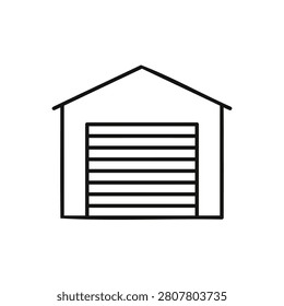 A clean and minimalist line art icon representing a garage building. This simple graphical symbol features a closed rolling shutter door, perfect for architectural plans, real estate designs, or web navigation elements.