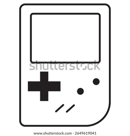 A clean, minimalist line art icon of a classic handheld video game console. The design features a rectangular screen at the top, a large D-pad on the left and two round buttons on the right