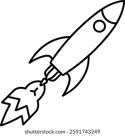 A clean and minimalist line art illustration of a rocket launching into space, capturing the dynamic movement and energy of the ascent. Perfect for themes of exploration, adventure, innovation,