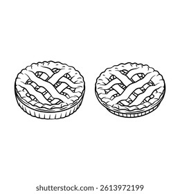 A clean and minimalist line art illustration of a classic apple pie, highlighting its iconic shape and details
