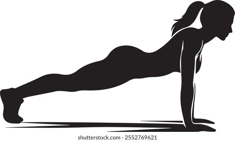 Una Ilustración vectorial de silueta de arte de línea limpia y minimalista de una persona haciendo flexiones, mostrando fuerza y forma física en un diseño elegante y moderno.