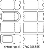 Clean, minimalist line art ticket template set with rounded corners, notches, and central dashed perforation. Ideal for event design, printables, or vector asset libraries.