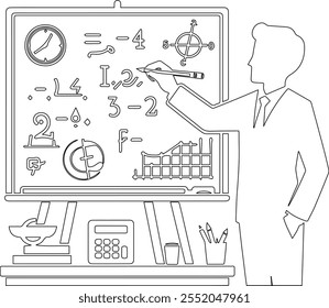 Un diseño de Vector de arte de línea limpio y minimalista de un profesor escribiendo en un tablero, capturando la esencia de la educación y el compromiso del aula con líneas simples y elegantes.