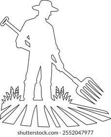 Un diseño de Vector de arte de línea limpio y minimalista de un agricultor que sostiene una horquilla, capturando la esencia de la vida rural con contornos simples y audaces y un atractivo rústico atemporal.