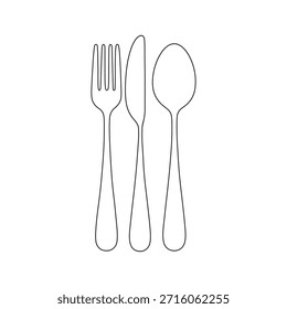 Eine saubere, minimalistische Linienzeichnung aus Gabel, Messer und Löffel auf stark weißem Hintergrund. Diese einfache Illustration stellt ein einfaches Essgeschirr dar.