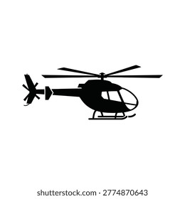 A clean, minimalist line drawing of a helicopter in black and white, featuring a main rotor and tail rotor propeller, ideal for icons or vector graphics.