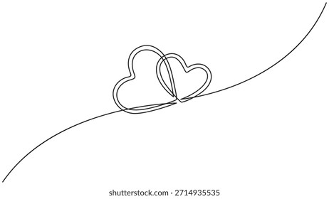 Eine saubere, minimalistische Linienzeichnung von zwei miteinander verflochtenen Herzen, die Liebe und Verbindung symbolisieren, die Einfachheit und emotionale Tiefe durch elegante kontinuierliche Linienkunst hervorheben, geeignet für romantische