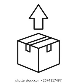 A clean, minimalist line icon depicting a cardboard box with an upward-pointing arrow above it, symbolizing delivery, shipment, logistics, and the unpacking process for online shopping and