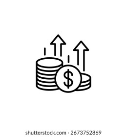 Un icono de línea limpio y minimalista que representa el crecimiento financiero. Cuenta con una pila de monedas con un signo de dólar en una moneda, acompañada de dos flechas que apuntan hacia arriba que indican un aumento o beneficio.