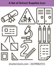 Clean, minimalist line icon set featuring essential school supplies. Includes diploma, school zone sign, lockers, microscope, and number two with a pencil. Back to school essentials!