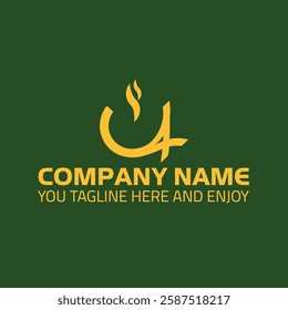 A clean and minimalist logo design with a bold yellow coffee cup icon shaped like a stylized Arabic letter, set against a dark green background. The steam detail adds warmth, making it perfect for caf