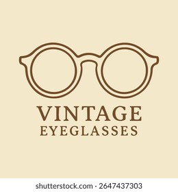 A clean minimalist logo featuring vintage round eyeglasses in brown outline against a cream background, with text 'VINTAGE EYEGLASSES'. Perfect for opticians, retro fashion, or eyewear brands.